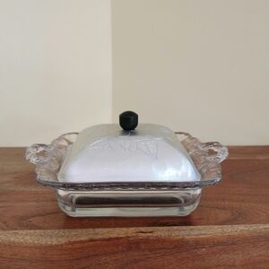 Vintage Wrought Farberware Wood Handled Glass Dish With Floral Etched Lid